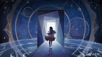 1girl analog_clock backlighting beret black_hair black_hat black_pantyhose cardigan chinese_commentary clock clock_hands commentary_request commission constellation door footprints frilled_skirt frills from_behind full_body hat heroine_(lovebrush_chronicles) highres light_particles long_hair looking_at_viewer lovebrush_chronicles medium_skirt mobile pantyhose path red_shoes red_skirt ripples road shadow shiling shoes skirt sky solo space star_(sky) star_(symbol) starry_sky surreal transparent walking water watermark wavy_hair weibo_watermark white_cardigan