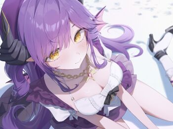 1girl absurdres blurry blurry_background blush breasts cleavage collarbone commentary_request depth_of_field dragon_girl dragon_horns dragon_tail dragon_wings dress gem habi_(kyuri_318) high_heels highres horns jewelry korean_commentary long_hair looking_at_viewer necklace pointy_ears purple_hair sakihane_huya sidelocks sitting smile solo stellive swept_bangs tail upturned_eyes virtual_youtuber wings yellow_eyes