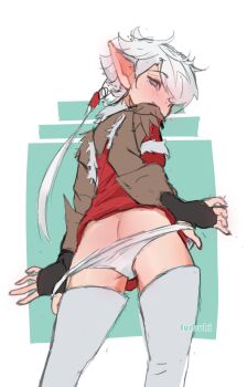 1girl absurdres alisaie_leveilleur ass boots butt_crack elezen elf final_fantasy final_fantasy_xiv from_behind furbuki highres looking_at_viewer panties panty_pull pointy_ears ribbon thigh_boots underwear undressing white_hair white_panties