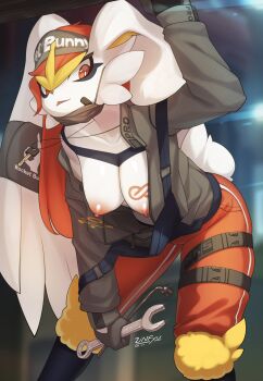 1girl absurdres animal_ears breasts cap cinderace face_mask furry furry_female gen_8_pokemon hanging_breasts highres jacket key leaning_forward looking_at_viewer mask medium_breasts nintendo nipples open_clothes open_jacket pants pokemon pokemon_(creature) rabbit_ears red_eyes red_hair red_pants solo very_long_ears wrench zinfyu