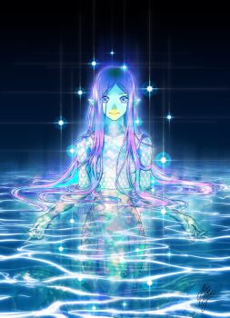 1girl amabie aqua_skin beak breasts colored_skin commentary english_commentary fins head_fins italian_commentary long_hair marco_albiero mermaid monster_girl original partially_submerged purple_eyes purple_hair scales signature small_breasts solo sparkle traditional_youkai very_long_hair