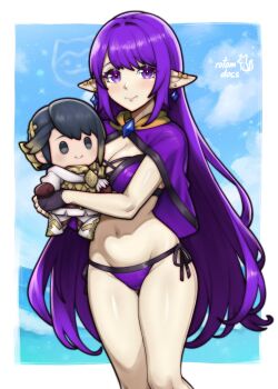 1girl absurdres aki_(dragongamer) alfonse_(fire_emblem) artist_logo bare_arms bikini blush border breasts character_doll cleavage closed_mouth commentary commission doll ear_piercing english_commentary fingerless_gloves fire_emblem fire_emblem_heroes gloves gluteal_fold highres hugging_doll hugging_object ko-fi_commission logo long_hair looking_at_viewer medium_breasts navel nintendo ocean original outdoors piercing pointy_ears purple_bikini purple_eyes purple_hair rotomdocs side-tie_bikini_bottom smile solo standing stomach swimsuit thighs very_long_hair white_border