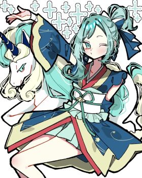 1girl alternate_color aqua_eyes aqua_hair aqua_skirt arm_up blonde_hair blue_bow blue_horns blue_kimono bow detached_sleeves hair_bow high_ponytail horns ino_climate japanese_clothes kimono lisia_(new_year's_2023)_(pokemon) lisia_(pokemon) looking_at_viewer nintendo official_alternate_costume one_eye_closed pokemon pokemon_(creature) pokemon_masters_ex pokemon_oras ponytail sash shiny_pokemon simple_background sitting skirt unicorn upper_body white_background white_fur white_sash