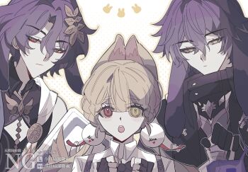 1girl 2boys alice_thymefield animal_ear_fluff animal_ears black_coat blonde_hair blue_hair blunt_bangs book chinese_commentary closed_mouth coat collared_coat collared_shirt dr._ratio_(honkai:_star_rail) expressionless eyeliner flins_(genshin_impact) bad_tag genshin_impact hair_between_eyes hair_ornament hair_up head_tilt heterochromia highres holding holding_book honkai:_star_rail honkai_(series) in-franchise_crossover leaning_to_the_side long_hair long_sleeves looking_at_viewer makeup multiple_boys open_mouth rabbit_boy rabbit_ears rabbit_girl red_eyeliner red_eyes sanshuiyushan shirt short_hair sphere_hair_ornament standing teeth upper_body upper_teeth_only wavy_hair white_shirt yellow_eyes zenless_zone_zero