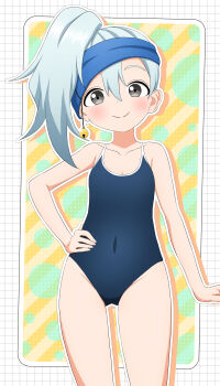 absurdres bell black_eyes blue_hair closed_mouth headband highres ishigakiseiya jingle_bell kikyou_(kunoichi_tsubaki_no_mune_no_uchi) kunoichi_tsubaki_no_mune_no_uchi light_blush light_smile loli looking_at_viewer swimsuit