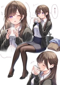 1girl amagi_shino black_jacket black_pantyhose black_shoes blowing blue_skirt brown_hair burnt_tongue coffee coffee_mug collared_shirt commentary_request cup drinking full_body high_heels highres holding holding_cup jacket long_hair long_sleeves mug multiple_views office_lady one_eye_closed open_clothes open_jacket original pantyhose pencil_skirt polished_shoes purple_eyes receptionist_girl_(amagi_shino) shirt shoes signature simple_background sitting skirt tongue tongue_out translation_request white_background white_shirt