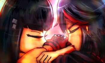 black_hair blood bloom closed_eyes commentary commentary_request kill_la_kill kiryuuin_satsuki matoi_ryuuko multicolored_hair senketsu siblings sisters thick_eyebrows two-tone_hair umazura upper_body