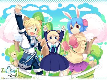 10s 1boy 2girls angel_wings animal_ears blonde_hair blue_eyes blue_hair blush bow boxing_gloves braid bunny_(trickster) cat_ears dress fang frills green_eyes headband hood hoodie jacket lion_(character) lion_(trickster) long_hair multiple_girls one_eye_closed open_mouth pleated_skirt rabbit_ears red_eyes short_hair shorts skirt trickster_(ntreev_soft) twin_braids wings wink