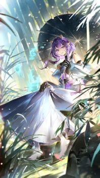Rule 34 | 1girl, bamboo, bamboo forest, black gloves, commentary request, dress, forest, full body, gloves, highres, holding, holding umbrella, horns, leaf, long hair, looking at viewer, nature, open mouth, original, outdoors, pointy ears, purple eyes, purple hair, sitting, solo, umbrella, watabosi 28, white dress