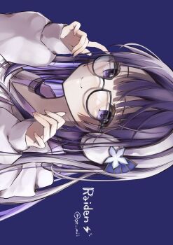 1girl alternate_costume artist_name blue_background blunt_bangs character_name closed_mouth commentary genshin_impact glasses gradient_hair hair_down happy headphones highres hood hood_down hoodie hoyofair light_smile long_sleeves looking_at_viewer multicolored_hair no_mole pato_(8o_10) purple_eyes purple_hair purple_hoodie raiden_shogun raiden_shogun_(2nd_anniversary) solo upper_body