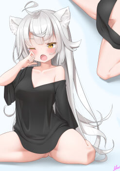 Rule 34 | 1girl, ;o, absurdres, blush, breasts, collarbone, commentary request, extra digits, hair ornament, haku (p&amp;d), highres, lilium0235, long hair, medium breasts, messy hair, naked shirt, no bra, no panties, one eye closed, open mouth, oversized clothes, puzzle &amp; dragons, rubbing eyes, see-through clothes, shirt, single bare shoulder, sitting, solo, tail, tears, wariza, white hair, yawning, yellow eyes