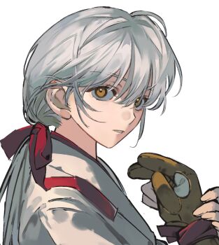 Rule 34 | 1girl, brown gloves, gloves, hair between eyes, hair ribbon, hoshi (liujingxing333), japanese clothes, kantai collection, kimono, long hair, looking at viewer, orange eyes, parted lips, partially fingerless gloves, partly fingerless gloves, ponytail, red ribbon, ribbon, shoukaku (kancolle), simple background, single glove, solo, tasuki, upper body, white background, white kimono, yugake