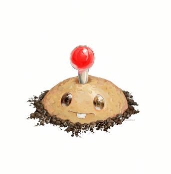 artist_name ben-day_dots brown_eyes buck_teeth closed_mouth commentary dirt film_grain highres hightguy light_smile looking_at_viewer no_humans plants_vs._zombies potato_mine_(plants_vs._zombies) screentones solid_oval_eyes solo symbol-only_commentary teeth white_background