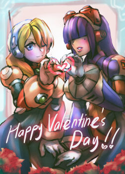 2girls absurdres alia_(mega_man) android blonde_hair blue_eyes blunt_bangs blush breasts capcom dark-skinned_female dark_skin hair_over_eyes happy_valentine headset heart heart_hands heart_hands_duo highres hime_cut large_breasts layer_(mega_man) long_hair mega_man_(series) mega_man_x_(series) minster_(dooke) mole mole_under_eye multiple_girls one_eye_closed purple_hair robot_ears smile underboob valentine