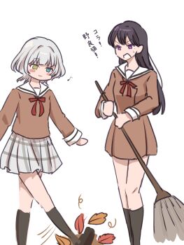 Rule 34 | 2girls, :3, bang dream!, bang dream! it's mygo!!!!!, black hair, black socks, blue eyes, brown dress, commentary request, dress, grey skirt, hanasakigawa school uniform, heterochromia, highres, kaname raana, kneehighs, leaf, long hair, mole, mole under eye, multiple girls, purple eyes, sailor collar, sailor dress, salted butter m, school uniform, serafuku, shiina taki, short hair, simple background, skirt, socks, translation request, white background, white hair, white sailor collar, yellow eyes