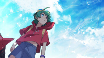 Rule 34 | 1boy, appmon, blue eyes, blue shorts, cowboy shot, digimon, digimon universe: appli monsters, gatchmon, goggles, goggles on head, green hair, hood, hoodie, male focus, oddnoise, red hoodie, shinkai haru, short hair, shorts, sky, solo focus