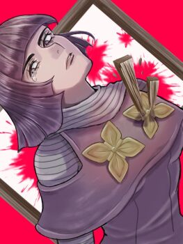 1girl blood blood_splatter blunt_bangs bob_cut bodysuit breasts broken capelet clothing_cutout commentary_request death dress flower_ornament gold_flower grey_bodysuit hot_pants_(sbr) jojo_no_kimyou_na_bouken looking_at_viewer motimoti_okashi parted_lips purple_capelet purple_dress purple_eyes purple_hair red_background short_hair shoulder_cutout solo spoilers steel_ball_run tears upper_body