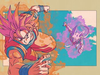 2boys aura beerus blue_boots blue_pants blue_shirt blue_wrist_cuffs boots cat clenched_hand commentary_request dougi dragon_ball dragon_ball_super dragon_ball_z dragon_ball_z_kami_to_kami dragonball_z highres male_focus medium_hair midair multiple_boys orange_pants orange_shirt pants red_eyes red_hair shirt son_goku spiked_hair super_saiyan super_saiyan_god wrist_cuffs yuyu09010316