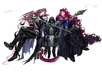 1other 2boys anastasio_(arknights) animal_ears arknights ascot bird_boy black_jacket black_pants blue_ascot crossed_legs doctor_(arknights) full_body hair_wings highres holding holding_sword holding_weapon hood hood_up hooded_jacket jacket leopard_boy leopard_ears leopard_tail long_hair looking_at_another multiple_boys pants pink_hair robe s11puha sitting sketch sword tail tragodia_(npc)_(arknights) very_long_hair weapon white_background white_robe