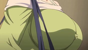 1girl 2017 animated animated_gif bouncing_breasts breast_focus breasts close-up female_focus from_side green_shirt head_out_of_frame highres huge_breasts impossible_clothes impossible_shirt indoors jitaku_keibiin katsuragi_shouko large_breasts long_sleeves looping_animation mature_female off-shoulder off-shoulder_shirt off_shoulder shiny_skin shirt solo solo_focus suzuki_mirano tight_clothes tight_shirt upper_body walking