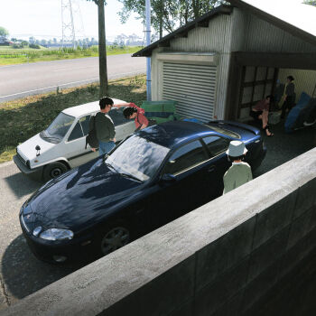 2boys 3girls backpack bag black_car black_hair black_jacket black_pants black_sandals black_skirt blue_pants bucket_hat car commentary day english_commentary faiz_azhar film_grain forza forza_horizon_6 game_screenshot_background garage grey_jacket hat highres honda_city jacket kei_car long_sleeves medium_hair motor_vehicle multiple_boys multiple_girls outdoors pants pink_jacket red_shirt sandals screenshot_background shade shirt short_hair short_sleeves shoulder_bag skirt tree utility_pole vehicle_request white_car white_hat