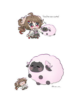 Rule 34 | 1girl, :3, :d, ahoge, animal, ardelia (arknights), arknights, arknights: endfield, black skirt, black thighhighs, blush, bow, bowtie, brown hair, chibi, chibi only, commentary, detached sleeves, dot nose, drill hair, english text, gloves, highres, hue oo, long hair, long sleeves, open mouth, oversized animal, pink shirt, ponytail, red eyes, sheep, shirt, simple background, skirt, sleeveless, sleeveless shirt, smile, standing, surprised, symbol-only commentary, thighhighs, trembling, twitter username, white background, white bow, white bowtie, white gloves, white sleeves