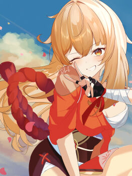 1girl ;) alternate_hair_length alternate_hairstyle bandages blonde_hair blue_sky breast_tattoo breasts chest_sarashi cloud cloudy_sky commentary fingerless_gloves genshin_impact gloves hadanugi_dousa hair_between_eyes hair_down highres japanese_clothes kimono large_breasts long_bangs long_hair okashieeeeeee one_eye_closed open_kimono orange_eyes orange_kimono rope sarashi sash shimenawa single_glove sky smile tattoo thighs v vision_(genshin_impact) yoimiya_(genshin_impact) yukata