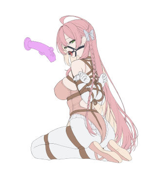 1girl absurdres ahoge arms_behind_back ballet_slippers bdsm blue_archive bondage bound bound_arms bound_legs bound_torso braid breasts commentary_request crotch_rope dildo_gag elbow_gloves female_focus frilled_leotard frills frogtie from_behind gag gag_harness gagged gloves green_eyes hanako_(blue_archive) highres kneeling kumachi_(aikawaakeya) leotard long_hair looking_at_viewer pantyhose pink_leotard restrained ribbon ring_gag shibari shibari_over_clothes sketch skindentation solo very_long_hair white_background white_pantyhose white_ribbon