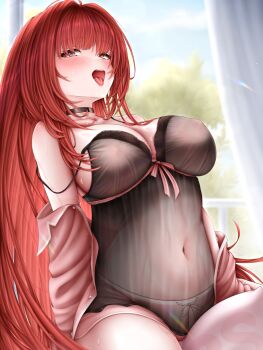 Rule 34 | 1girl, alternate costume, babydoll, black babydoll, black choker, blush, breasts, choker, commentary request, covered erect nipples, goddess of victory: nikke, heart, heart-shaped pupils, highres, large breasts, lnyn (user vxdh4425), nightgown, open clothes, open mouth, open shirt, pink shirt, pink shorts, rapi (nikke), red eyes, red hair, see-through clothes, see-through nightgown, shirt, short shorts, shorts, solo, sweat, symbol-shaped pupils, tongue, tongue out