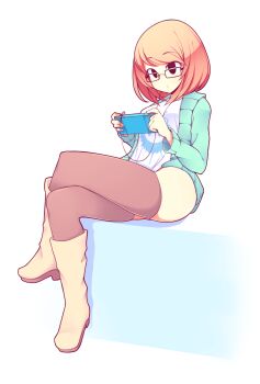 1girl absurdres black_eyes black_thighhighs boots earbuds earphones female_focus fizintine game_console glasses green_sweater highres legs luna_(fizintine) orange_hair original pillow rectangular_eyewear side_part sitting solo sweater thighhighs white_background