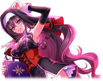 1girl arm_up bare_shoulders black_dress black_hair black_veil blue_eyes blush book breasts code_geass code_geass:_lost_stories dress elbow_gloves f4samurai full_moon gloves holding holding_book long_hair maya_disel moon nun official_art smile solo veil