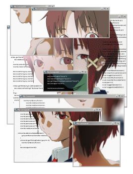 1girl brown_hair desktop_(computing) hair_ornament highres huimuuu iwakura_lain looking_at_viewer medium_hair multiple_views red_eyes serial_experiments_lain solo user_interface white_background x_hair_ornament