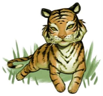Rule 34 | animal, animal focus, full body, grass, green eyes, lowres, lying, multicolored fur, nene (bae17056), no humans, on stomach, orange fur, original, solo, striped fur, tiger, white background