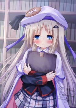 Rule 34 | 1girl, bat hair ornament, beret, blonde hair, blue eyes, blush, capelet, cloak, closed mouth, grey skirt, hair ornament, hat, highres, holding, indoors, kud wafter, kudpoid (71139), little busters!, little busters! school uniform, long hair, long sleeves, noumi kudryavka, plaid clothes, plaid skirt, school uniform, skirt, solo, white capelet, white cloak, white hat