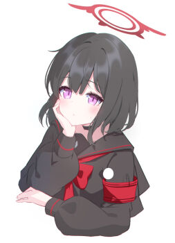Rule 34 | 1girl, armband, black hair, black serafuku, blue archive, blush, choker, foulo paints, halo, highres, mashiro (blue archive), purple eyes, red halo, school uniform, serafuku, short hair, solo, twitter, upper body