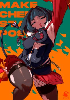 1girl absurdres alternate_costume animal_ears black_hair black_leotard blush breasts commentary english_commentary grey_eyes highres jane_doe_(zenless_zone_zero) large_breasts leotard long_hair long_sleeves looking_at_viewer miniskirt mouse_ears mouse_girl mouse_tail nerfechi open_mouth pom_pom_(cheerleading) red_skirt skirt smile solo tail thighhighs thighs zenless_zone_zero