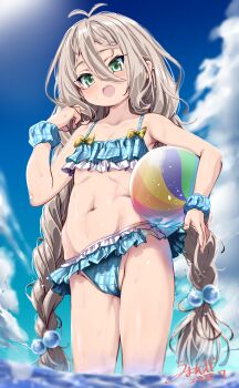 Rule 34 | 1girl, absurdres, ball, beachball, bikini, blue bikini, blue sky, braid, flat chest, frilled bikini, frills, green eyes, grey hair, highres, kokkoro (princess connect!), kokkoro (real) (princess connect!), long hair, looking at viewer, navel, open mouth, outdoors, princess connect!, sky, smile, solo, swimsuit, twin braids, umyonge (lkakeu), very long hair, wading, water, wet