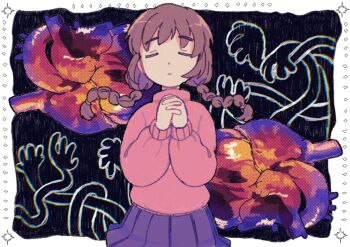 1girl abstract_background black_background blunemone border braid brown_hair closed_eyes closed_mouth cowboy_shot dot_nose expressionless highres interlocked_fingers long_hair long_sleeves low_twin_braids madotsuki own_hands_together pink_sweater purple_skirt skirt solo sweater turtleneck turtleneck_sweater twin_braids white_border yume_nikki