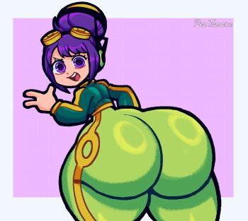 1girl alternate_costume artist_name ass ass_focus bodysuit crop_top cropped_jacket egghead_outfit goggles goggles_on_head green_bodysuit green_jacket hair_bun headphones highres huge_ass jacket kurozumi_tama kyojiri_loli long_sleeves looking_at_viewer looking_back matching_hair/eyes multicolored_bodysuit one_piece open_mouth peztamare purple_eyes purple_hair sidelocks skin_tight smile solo teeth thick_thighs thighs tight_clothes upper_teeth_only wide_hips