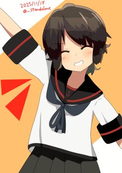 1girl absurdres black_hair black_sailor_collar black_skirt blue_neckerchief dated faceless faceless_male grin highres kantai_collection miyuki_(kancolle) miyuki_kai_ni_(kancolle) neckerchief one-hour_drawing_challenge sailor_collar sailor_shirt school_uniform serafuku shirt short_hair skirt smile solo subprocedure twitter_username white_sailor_collar