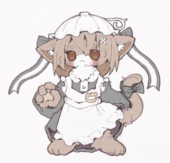 1girl :&lt; animal_ear_fluff animal_ears animal_feet animal_hands apron bad_id bad_twitter_id black_bow black_dress black_hair blush bow brown_eyes brown_fur brown_hair brown_tail cat_ears cat_girl cat_tail commentary crossed_bangs deformed dot_nose dress english_commentary frilled_apron frills full_body furry furry_female hair_ribbon hand_up hat highres long_sleeves looking_at_viewer medium_hair name_tag neck_fur nikamoka no_sclera original ribbon short_eyebrows simple_background sketch solo standing tail tail_bow tail_ornament thick_eyebrows white_apron white_background white_hat white_ribbon