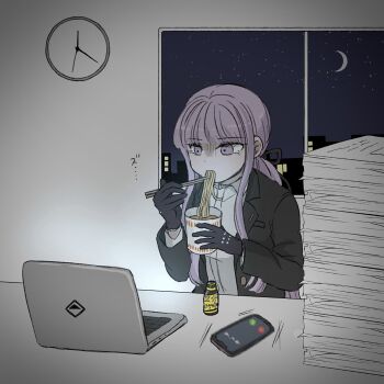 1girl black_gloves black_jacket black_ribbon collared_shirt computer danganronpa_(series) danganronpa_3_(anime) eating food gloves hair_ribbon highres indoors instant_noodles jacket kirigiri_kyoko laptop long_sleeves miriiin_dr night no_necktie noodles open_clothes open_jacket paper paper_stack phone pink_eyes ponytail ramen ribbon shirt sky translation_request window