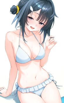 1girl absurdres arknights arm_support bikini black_hair blush breasts feather_hair feet_out_of_frame frilled_bikini frills grey_eyes hair_bun hair_ornament half-closed_eyes highres la_pluma_(arknights) la_pluma_(summer_flowers)_(arknights) looking_at_viewer medium_breasts nameko_houshi open_mouth playing_with_hair short_hair sidelocks single_side_bun smile solo swimsuit white_bikini wing_hair_ornament