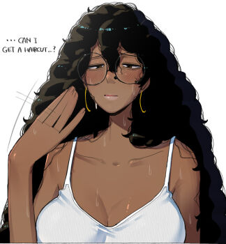 1girl bare_shoulders black_hair broccoli_(ohasi) brown_eyes commentary dark-skinned_female dark_skin earrings english_text face_piercing fanning_face fanning_self furrowed_brow glasses gold_earrings hand_up hoop_earrings hot jewelry long_hair looking_at_viewer nose_piercing nostril_piercing ohasi original parted_lips piercing round_eyewear simple_background solo sweat symbol-only_commentary tank_top very_dark_skin white_background white_tank_top