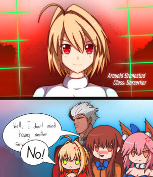 1boy 4girls ahoge anger_vein angry animal_ears archer_(fate) arcueid_brunestud bare_shoulders blonde_hair blood blue_bow blush bow brown_eyes brown_hair cleavage_cutout clothing_cutout commentary_request dark_skin dress english_text facing_viewer fang fate/extra fate_(series) fox_ears green_eyes hair_intakes hair_slicked_back highres kishinami_hakuno_(female) multiple_girls nero_claudius_(fate) nosebleed partially_shaded_face red_dress red_eyes sakurello school_uniform short_hair sidelocks skin_fang smile tamamo_no_mae_(fate) tsukumihara_academy_uniform_(fate/extra)