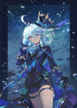 1girl absurdres adjusting_hair ahoge ascot black_shorts blue_eyes blue_gem blue_gloves blue_hair blue_hat blue_jacket blue_theme closed_mouth commentary cowboy_shot furina_(genshin_impact) gem genshin_impact gloves hair_between_eyes hat heterochromia highres jacket looking_at_viewer lv_zhu_xuan multicolored_hair ouji_fashion shorts simple_fish solo streaked_hair water white_hair