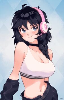 1girl ahoge aqua_eyes argyle_background arms_at_sides artist_name belt black_belt black_choker black_hair black_pants blue_background borrowed_character braid breasts choker choppy_bangs cleavage closed_mouth commentary commission cowboy_shot english_commentary headphones highres large_breasts looking_at_viewer lucia_(scott_malin) navel no_shirt optionaltypo original pants second-party_source smile solo sports_bra stomach white_sports_bra