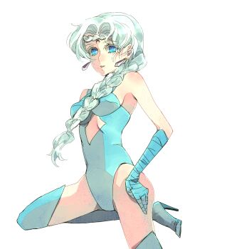 Rule 34 | 1girl, aose akira, bad id, bad pixiv id, bare shoulders, beruche (sailor moon), bishoujo senshi sailor moon, bishoujo senshi sailor moon r, blue boots, blue gloves, boots, braid, braided bangs, braided ponytail, colored eyelashes, crescent, crescent facial mark, crystal, earrings, elbow gloves, facial mark, female focus, gloves, hand on own thigh, high heel boots, high heels, highres, jewelry, knee boots, leotard, long hair, single braid, solo, thigh boots, thighhighs, white background, white hair
