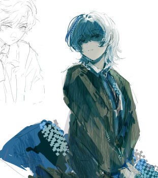 Rule 34 | 2boys, akinashi haru, brown cardigan, brown necktie, cardigan, closed mouth, collared shirt, dress shirt, highres, kneeling, looking at viewer, male focus, multiple boys, necktie, pashkaopozdal, saihate eki, shirt, sketch inset, solo focus, tatsunami shion, white hair