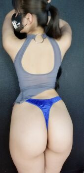 1girl asian ass black_hair blue_panties breasts curvy highleg highleg_panties highres huge_ass japanese_(nationality) looking_away looking_back mask model panties photo_(medium) ririkana small_breasts thighs thong underwear